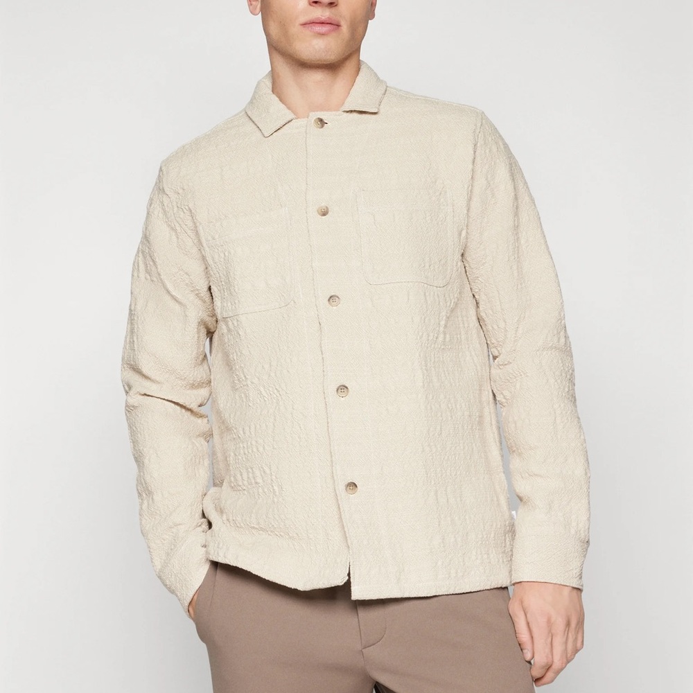 LES DEUX CREAM IVORY TEXTURED COTTON ISAAC OVERSHIRT COLLARED BUTTON UP SHIRT